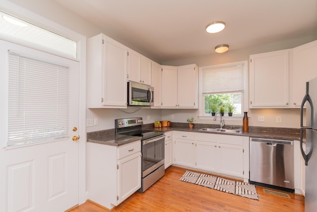 1106 Flynn St, Chattanooga, TN 37403 - kitchen with stainless steel appliances, dark countertops, and white cabinetry