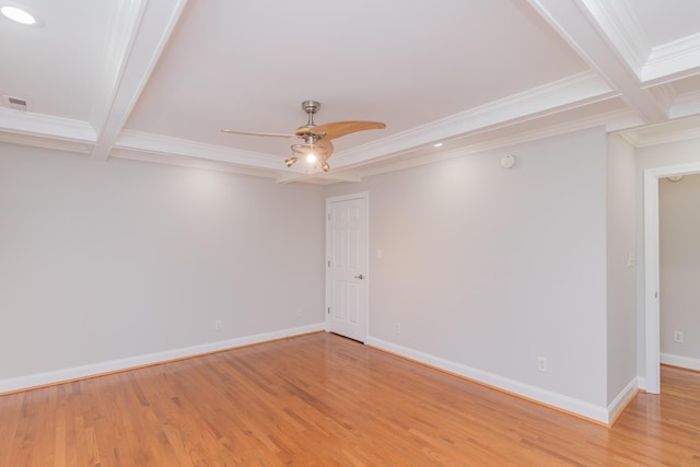 1106 Flynn St, Chattanooga, TN 37403 - spare room with crown molding, light wood finished floors, coffered ceiling, beamed ceiling, and a ceiling fan