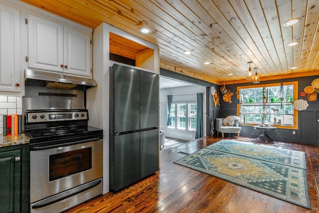 1727 Saunders Rd, Ringgold, GA 30736 - kitchen featuring stainless steel appliances, under cabinet range hood, white cabinets, dark wood-type flooring, and wood ceiling