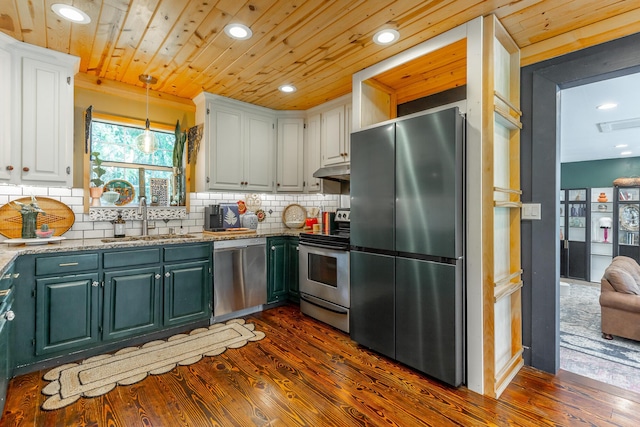 1727 Saunders Rd, Ringgold, GA 30736 - kitchen with appliances with stainless steel finishes, white cabinetry, dark wood-style floors, recessed lighting, and wooden ceiling