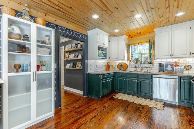 1727 Saunders Rd, Ringgold, GA 30736 - kitchen featuring stainless steel dishwasher, white cabinets, dark wood-type flooring, recessed lighting, and wooden ceiling