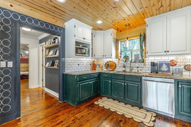1727 Saunders Rd, Ringgold, GA 30736 - kitchen with stainless steel appliances, ornamental molding, white cabinets, green cabinets, and wood ceiling