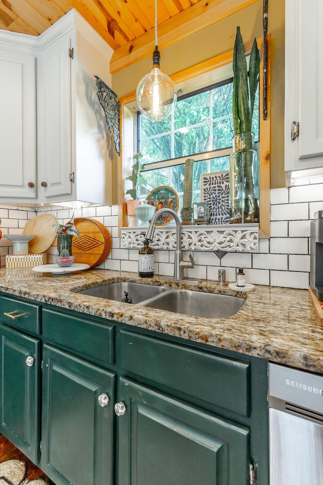 1727 Saunders Rd, Ringgold, GA 30736 - kitchen with green cabinets, wooden ceiling, ornamental molding, white cabinetry, and tasteful backsplash