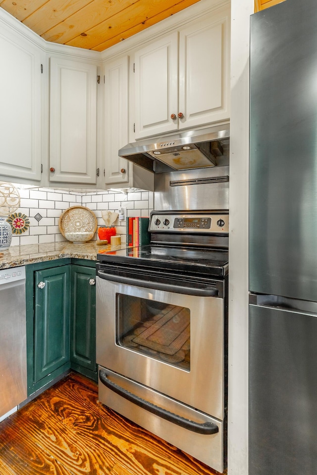 1727 Saunders Rd, Ringgold, GA 30736 - kitchen with stainless steel appliances, under cabinet range hood, white cabinetry, backsplash, and wood ceiling