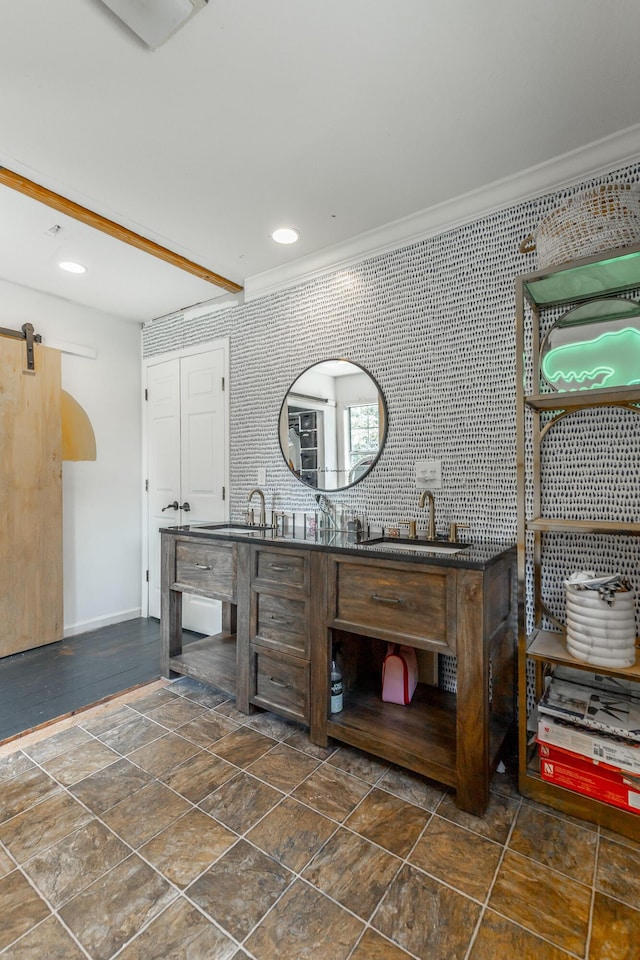 1727 Saunders Rd, Ringgold, GA 30736 - bathroom featuring double vanity, ornamental molding, recessed lighting, and stone finish flooring