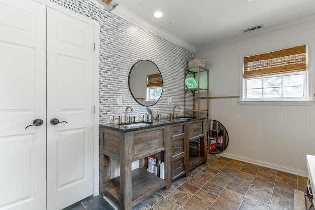 1727 Saunders Rd, Ringgold, GA 30736 - bathroom with double vanity, crown molding, and stone finish flooring