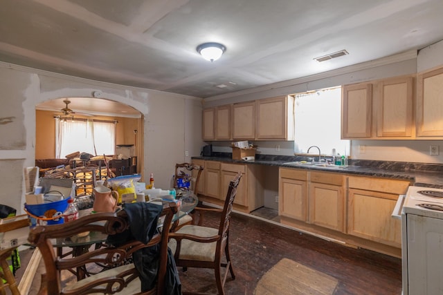 1502 E 49th St, Chattanooga, TN 37407 - kitchen featuring light brown cabinets, white electric range oven, dark wood-style floors, and crown molding