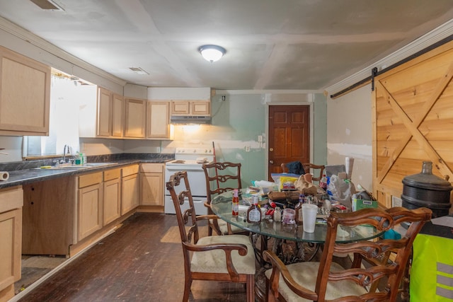 1502 E 49th St, Chattanooga, TN 37407 - kitchen with white range with electric cooktop, dark wood-style flooring, light brown cabinetry, dark countertops, and crown molding