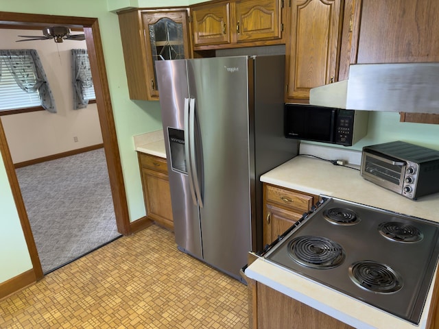 4630 Happy Valley Rd, Flintstone, GA 30725 - kitchen featuring stainless steel refrigerator with ice dispenser, stove, brown cabinets, and light countertops