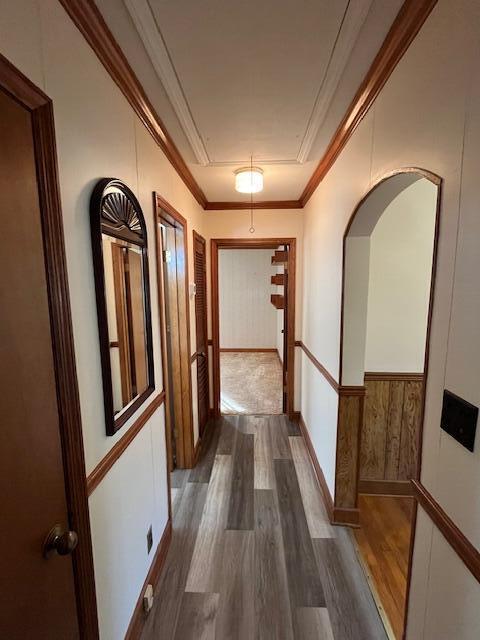 4630 Happy Valley Rd, Flintstone, GA 30725 - hall with dark wood finished floors, ornamental molding, a wainscoted wall, and arched walkways