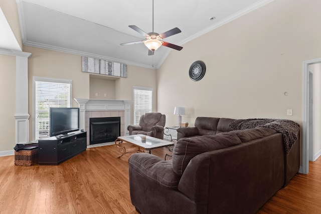 8189 Kaitlin Ln, Ooltewah, TN 37363 - living area featuring a ceiling fan, a tiled fireplace, healthy amount of natural light, light wood finished floors, and vaulted ceiling