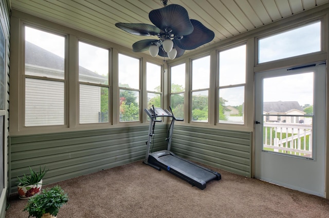 8189 Kaitlin Ln, Ooltewah, TN 37363 - exercise area with carpet floors, a ceiling fan, and wooden ceiling