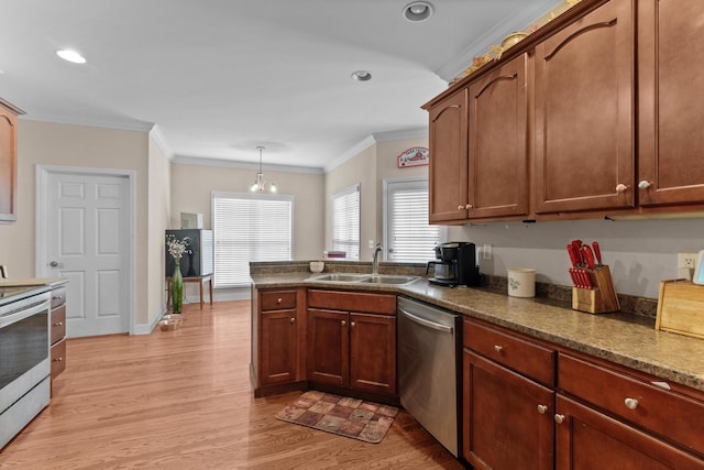 8189 Kaitlin Ln, Ooltewah, TN 37363 - kitchen with dishwasher, range with electric stovetop, light wood-type flooring, a peninsula, and crown molding