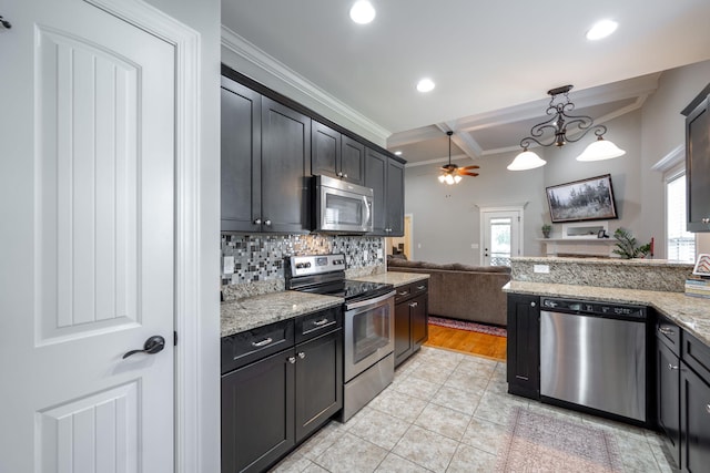 8502 Kennerly Ct, Ooltewah, TN 37363 - kitchen with appliances with stainless steel finishes, crown molding, ceiling fan, beam ceiling, and tasteful backsplash