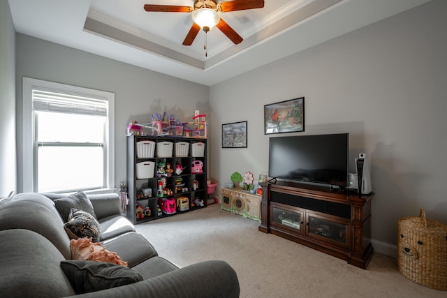 8502 Kennerly Ct, Ooltewah, TN 37363 - carpeted living room with ornamental molding, a ceiling fan, and a raised ceiling