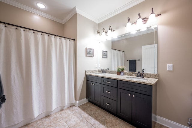 8502 Kennerly Ct, Ooltewah, TN 37363 - bathroom featuring crown molding, double vanity, tile patterned floors, and a shower with shower curtain