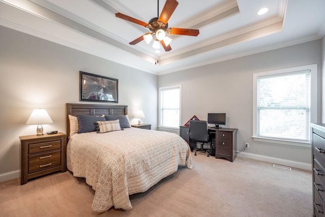 8502 Kennerly Ct, Ooltewah, TN 37363 - bedroom featuring a tray ceiling, light carpet, crown molding, a desk, and ceiling fan