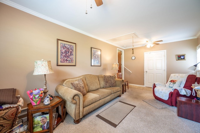 4312 Kemp Dr, Chattanooga, TN 37411 - living area with attic access, a ceiling fan, light carpet, and crown molding