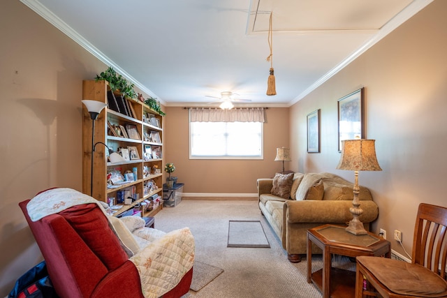 4312 Kemp Dr, Chattanooga, TN 37411 - carpeted living room with ornamental molding and ceiling fan