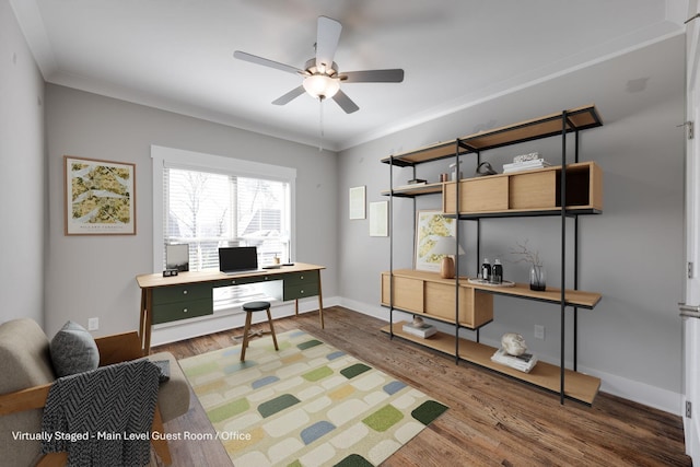 10619 Kavya Ln, Apison, TN 37302 - office area featuring a ceiling fan, wood finished floors, and ornamental molding