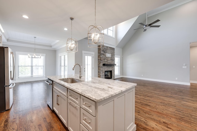10619 Kavya Ln, Apison, TN 37302 - kitchen with appliances with stainless steel finishes, a chandelier, open floor plan, a fireplace, and dark wood-style flooring