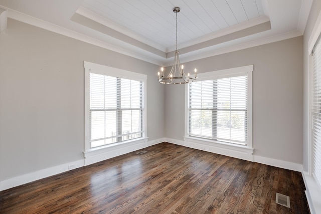 10619 Kavya Ln, Apison, TN 37302 - unfurnished room with a raised ceiling, a chandelier, crown molding, and dark wood finished floors