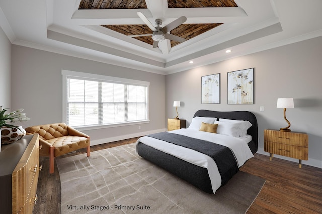 10619 Kavya Ln, Apison, TN 37302 - bedroom featuring a tray ceiling, crown molding, wood finished floors, recessed lighting, and a ceiling fan