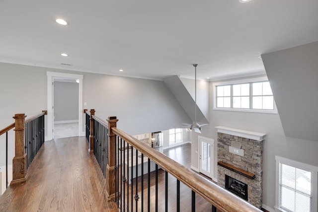 10619 Kavya Ln, Apison, TN 37302 - hallway featuring an upstairs landing, wood finished floors, recessed lighting, and crown molding
