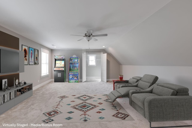 10619 Kavya Ln, Apison, TN 37302 - carpeted living room with ceiling fan, plenty of natural light, and lofted ceiling