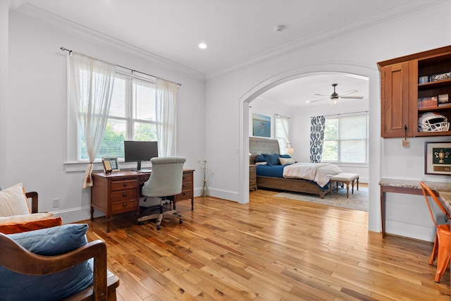 2109 E Brow Rd, Walden, TN 37377 - office space featuring arched walkways, ornamental molding, light wood-type flooring, a ceiling fan, and recessed lighting