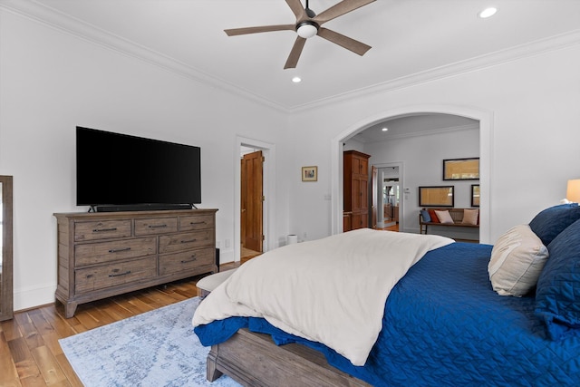 2109 E Brow Rd, Walden, TN 37377 - bedroom with crown molding, arched walkways, light wood-style flooring, recessed lighting, and ceiling fan
