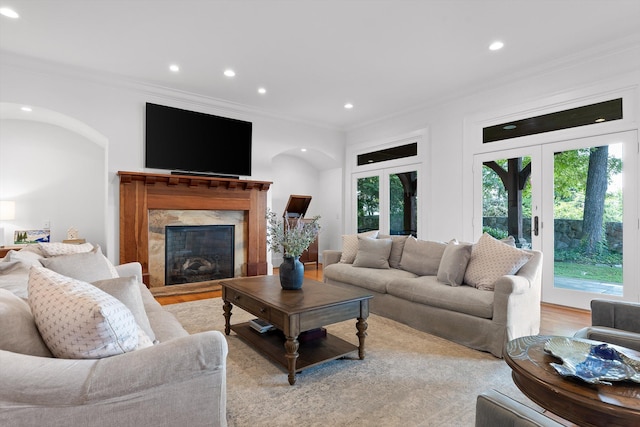 2109 E Brow Rd, Walden, TN 37377 - living room with crown molding, a premium fireplace, recessed lighting, french doors, and light wood-type flooring