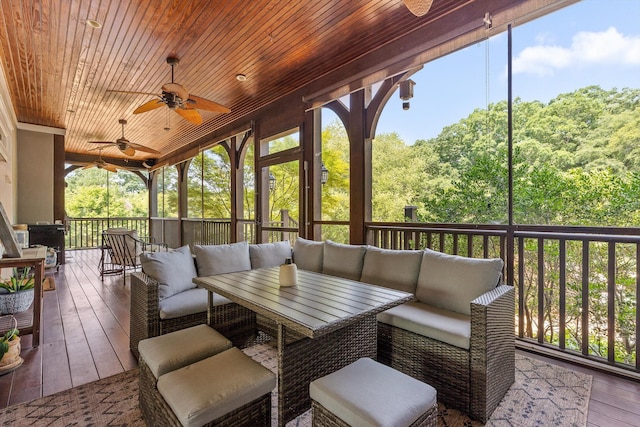 2109 E Brow Rd, Walden, TN 37377 - deck featuring an outdoor hangout area, ceiling fan, and a forest view