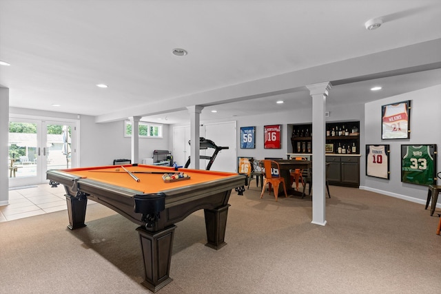 2109 E Brow Rd, Walden, TN 37377 - recreation room with a bar, recessed lighting, decorative columns, billiards, and light colored carpet