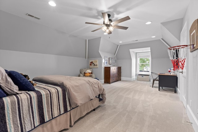 2109 E Brow Rd, Walden, TN 37377 - bedroom featuring light carpet, vaulted ceiling, recessed lighting, and a ceiling fan