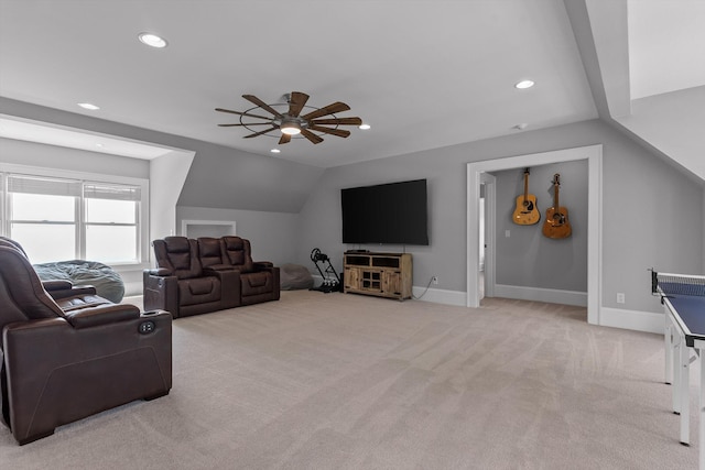 2109 E Brow Rd, Walden, TN 37377 - living area featuring light carpet, ceiling fan, recessed lighting, and vaulted ceiling