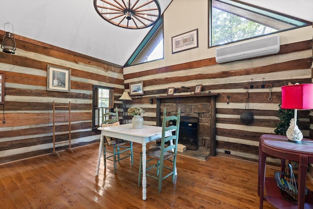 2109 E Brow Rd, Walden, TN 37377 - dining area featuring wood walls, a wall mounted air conditioner, wood finished floors, and high vaulted ceiling