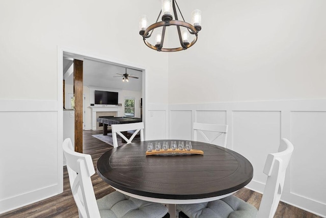 6859 Steep Hl, Ooltewah, TN 37363 - dining room with a chandelier, wainscoting, ceiling fan, a fireplace, and dark wood finished floors