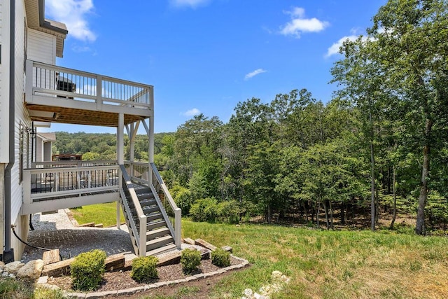 6859 Steep Hl, Ooltewah, TN 37363 - view of yard featuring a balcony, stairs, a wooded view, and a wooden deck