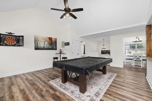 6859 Steep Hl, Ooltewah, TN 37363 - rec room with a chandelier, pool table, wood finished floors, ceiling fan, and high vaulted ceiling