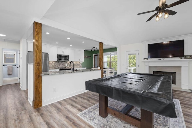 6859 Steep Hl, Ooltewah, TN 37363 - game room featuring ceiling fan, wood finished floors, recessed lighting, a fireplace with flush hearth, and billiards