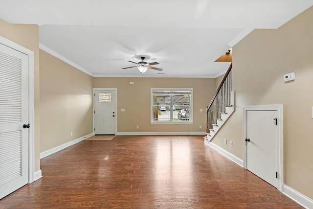 1864 Gate Tower Way NE, Cleveland, TN 37312 - foyer entrance featuring a ceiling fan, wood finished floors, ornamental molding, and stairs