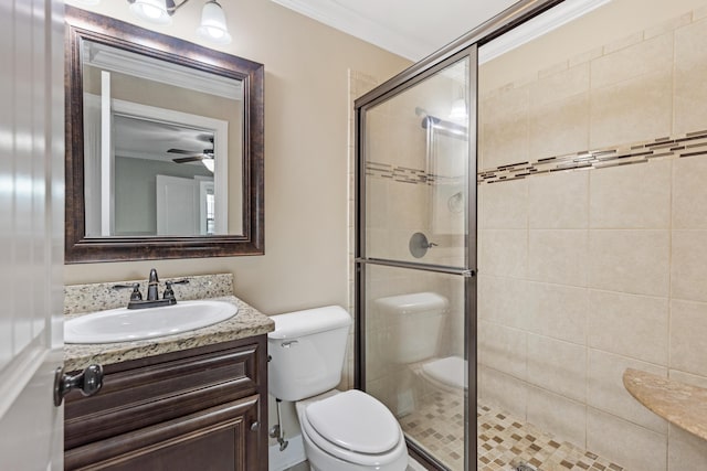 1864 Gate Tower Way NE, Cleveland, TN 37312 - bathroom with vanity, a stall shower, ceiling fan, and ornamental molding