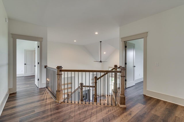 7104 Paxton Cir, Hixson, TN 37343 - hallway featuring an upstairs landing, wood finished floors, vaulted ceiling, and recessed lighting