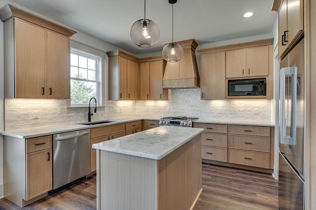 7104 Paxton Cir, Hixson, TN 37343 - kitchen featuring appliances with stainless steel finishes, custom exhaust hood, dark wood-style floors, light brown cabinetry, and backsplash