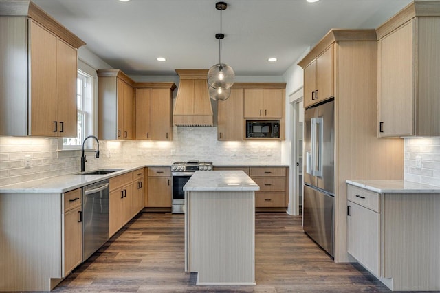 7104 Paxton Cir, Hixson, TN 37343 - kitchen featuring appliances with stainless steel finishes, custom range hood, light brown cabinets, backsplash, and recessed lighting