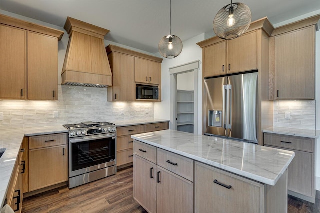 7104 Paxton Cir, Hixson, TN 37343 - kitchen featuring stainless steel appliances, custom range hood, light brown cabinetry, light stone countertops, and dark wood-type flooring