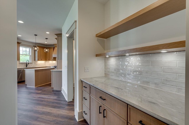 7104 Paxton Cir, Hixson, TN 37343 - kitchen with open shelves, backsplash, dark wood-style floors, recessed lighting, and hanging light fixtures
