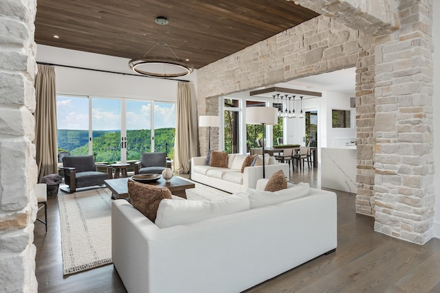 1034 Montlake Rd, Soddy Daisy, TN 37379 - living room with wooden ceiling, a high ceiling, wood finished floors, and a chandelier