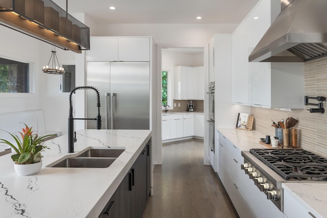 1034 Montlake Rd, Soddy Daisy, TN 37379 - kitchen with island range hood, stainless steel appliances, modern cabinets, dark wood-type flooring, and recessed lighting
